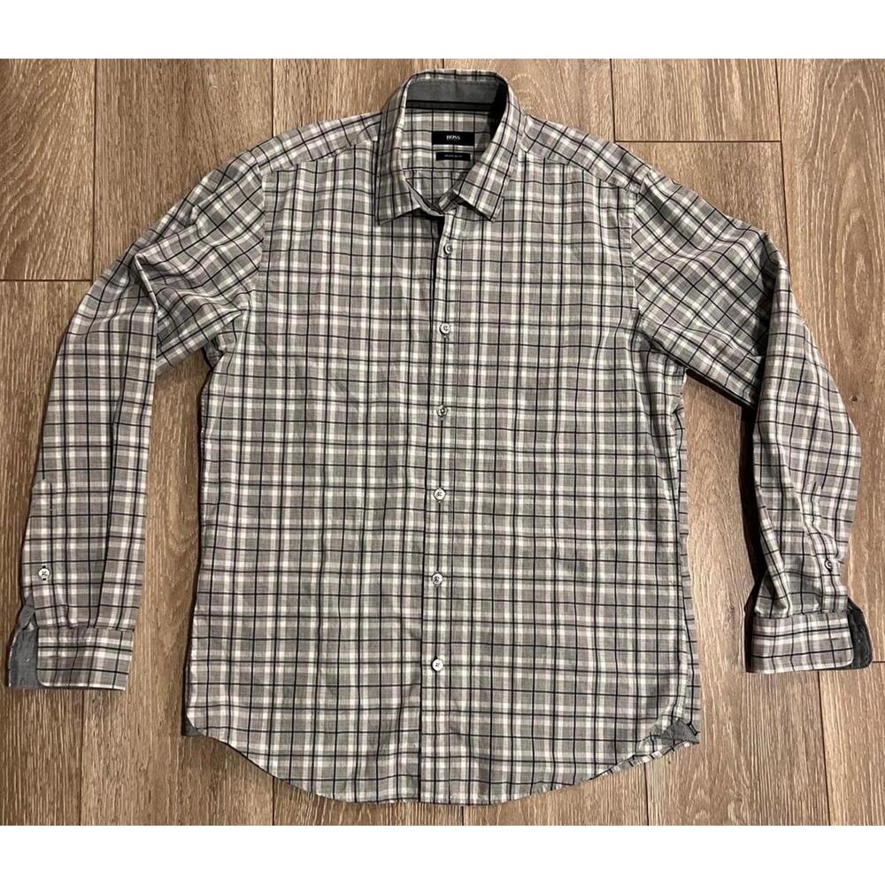 Hugo BOSS Regular Fit Grey Men's Casual Button-Up Shirt, Large